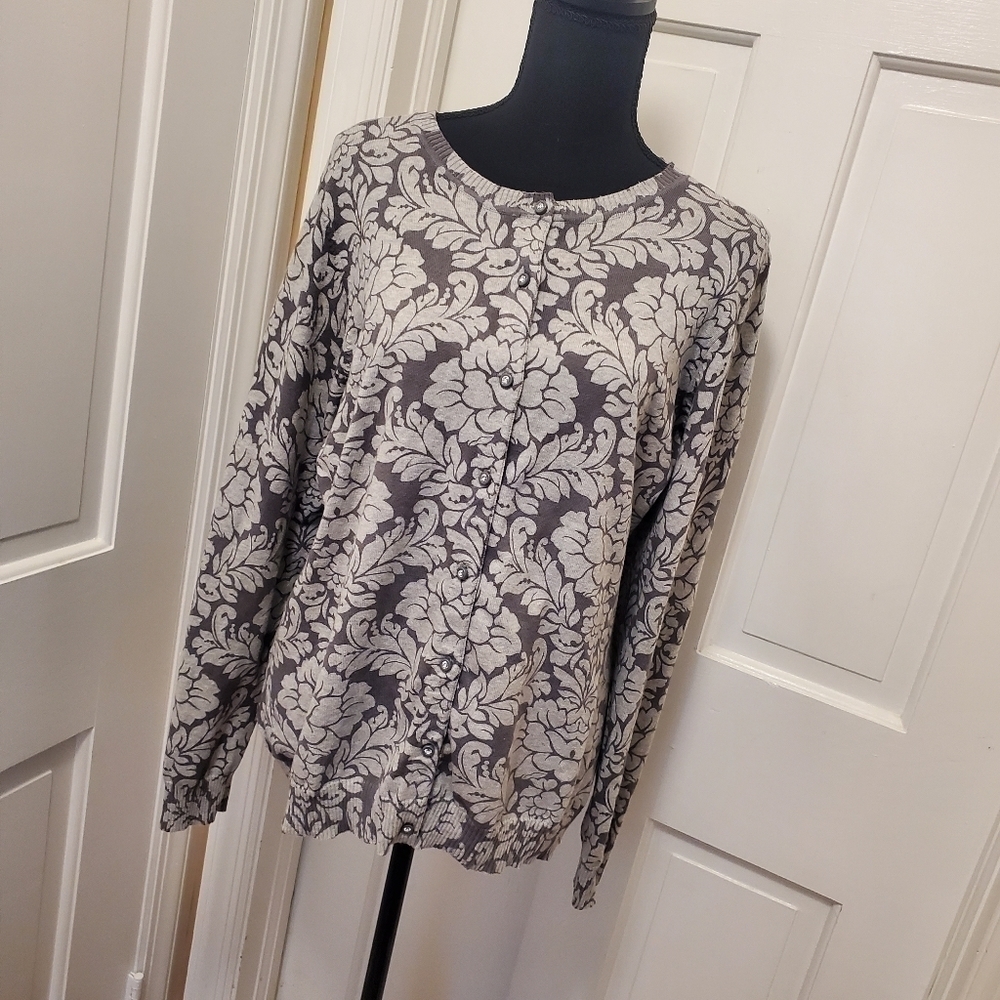 Isaac Mizrahi Gray Floral Print Knit Cardigan Size Large Business Casual Classic